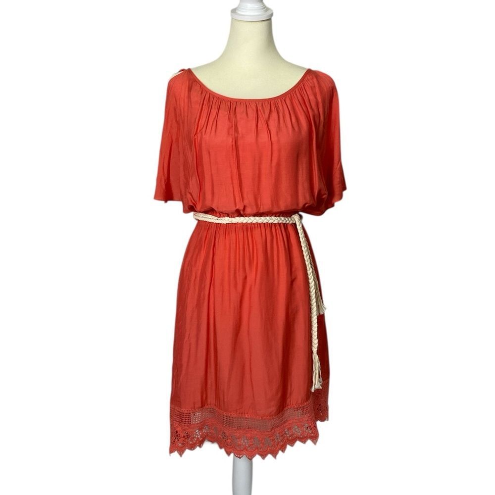 Hinge Coral Boho Dress Women's Size XS Silk Blend Lace Hem W/ Rope Belt
